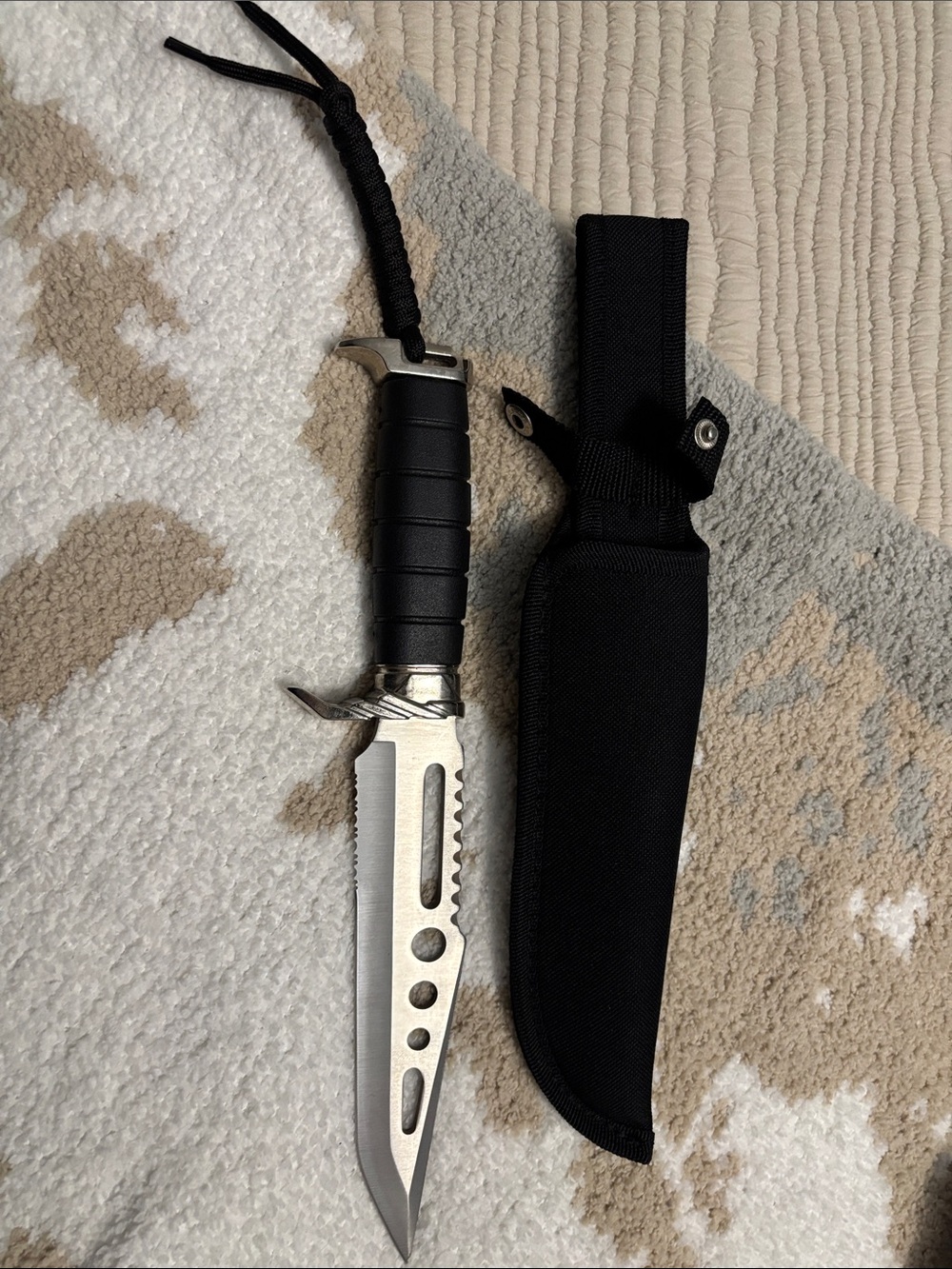 Black Tactical Fixed-Blade Knife with Nylon Sheath
